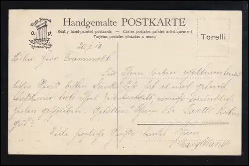 Künstler-AK Handgemalte Postkarte: Seeidyll bei Vollmond, beschriftet 20.1.1916