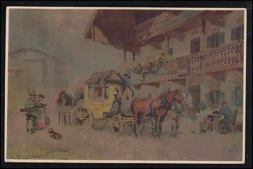 Künstler-AK Reisen im Gebirge: Die Rast der Postkutsche, NEUBURG a.D. 18.9.1907