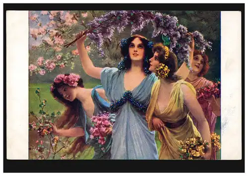 Künstler-AK Schramm: Frühlingsgrüße - Frauen mit Blumen, gelaufen um 1910
