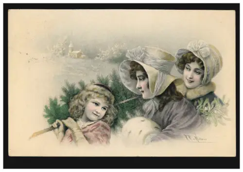 AK Artiste Femmes et Filles avec arbre de Noël, MILANO 25.12.1907 à Düren
