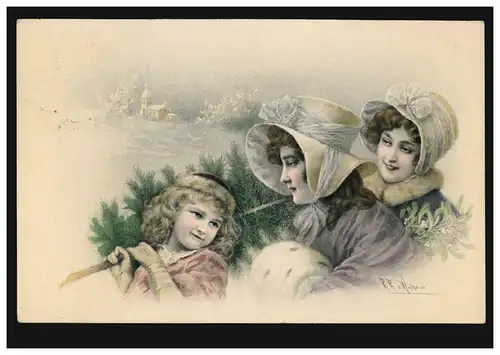 Künstler-AK Frauen und Mädchen mit Weihnachtsbaum, MILANO 25.12.1907 nach Düren