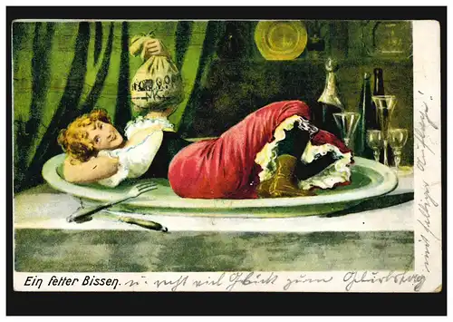 humour-AK Une bouchée grasse - femme avec sac de monnaie sur une assiette STELTIN 6.8.1911
