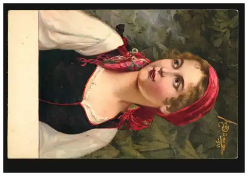 Künstler-AK Rudolf Fuchs: Frauenbildnis mit Kopftuch in Tracht, ungebraucht