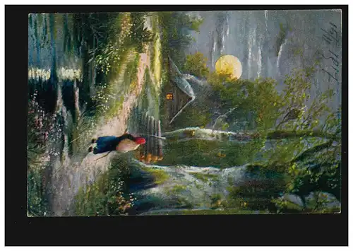 Künstler-AK Landschaftsbild mit Bäuerin bei Vollmond, BADEN bei WIEN 15.11.1917