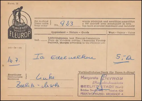 704B EF Karte FLEUROP Blumengruß, Blumenhaus Rank in Potsdam-Babelsberg