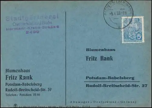 578B Fünfjahrplan EF 1959 Karte FLEUROP Blumengruß durch Rank Potsdam-Babelsberg