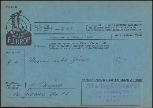 578B Fünfjahrplan EF 1959 Karte FLEUROP Blumengruß durch Rank Potsdam-Babelsberg