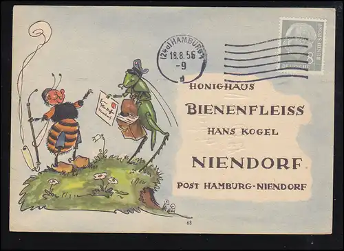 Caricature carte Mielhaus Abeilles Fleiss: Aise avec le courrier grillé, HAMBURG 18.8.1956