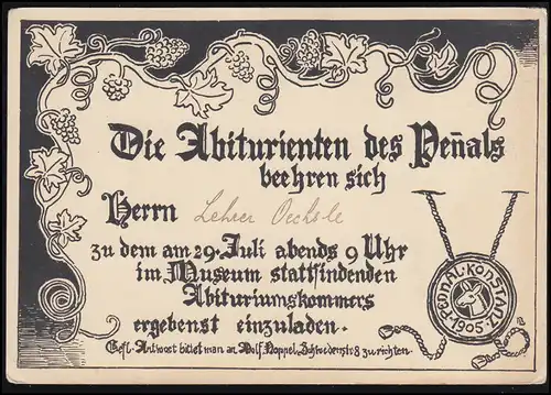 Carte postale d'invitation pour la soirée d 'abiturien au Musée Constance 1905, non utilisé
