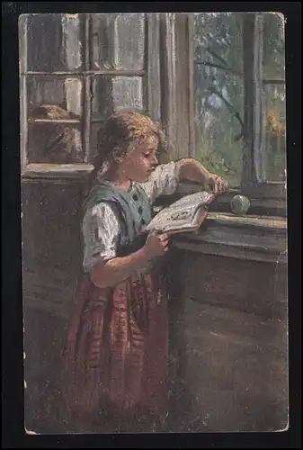 Fille AK Artiste avec livre à la fenêtre, LIEBENAU Kreis Nienburg, Weser 12.1.15