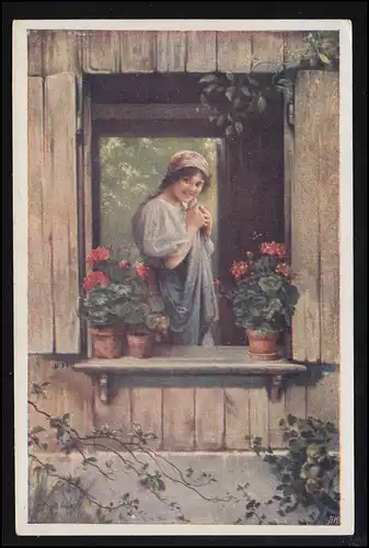 Künstler-AK D. Hock: Dorfkokette - Frau am Fenster, beschriftet 1922