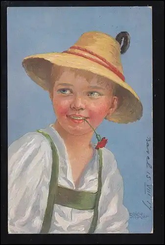 Artiste-AK Solennschmidt: garçon riant avec fleur dans la bouche, BASEL 15.8.1917