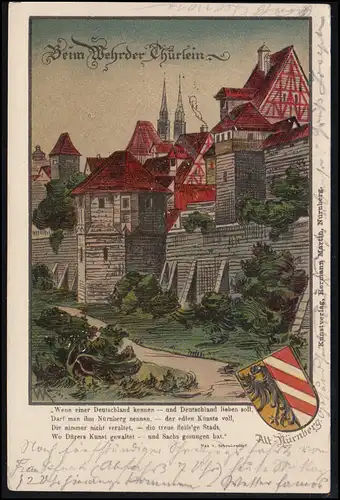 Künstler-Präge-AK Alt-Nürnberg: Beim Wehrder Thürlein, gelaufen um 1898