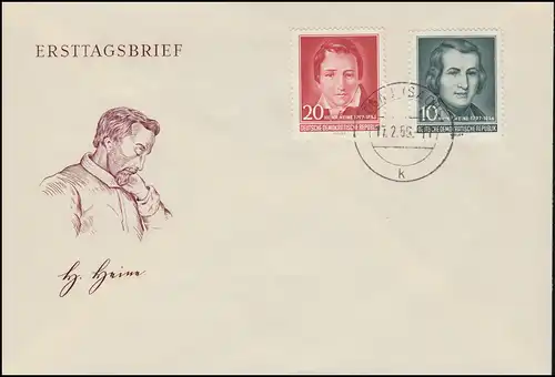 515-517 Heinrich Heine 1956 - Kit sur les bijoux FDC ET-O LÖBAU (SAXSEN) 17.2.56