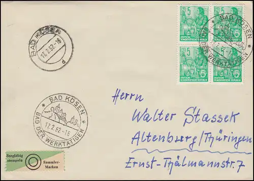 577B Fünfjahrplan im Viererblock als MeF auf Brief SSt BAD KÖSEN 17.2.1962