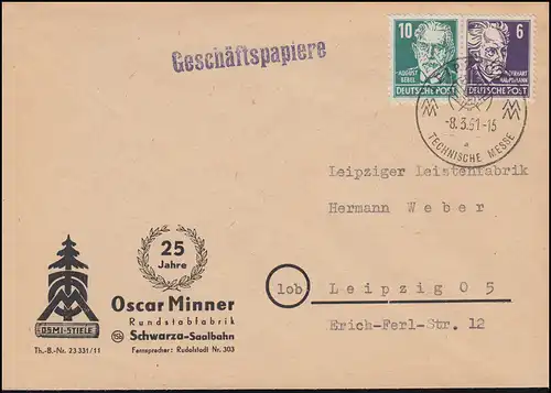 213 Capitaine + 215 Bebel MiF Lettre locale / documents d'affaires SSt LEIPZIG 8.3.1951