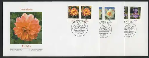 2505-2507 Blumen 0,35, 0,90 und 1,45 Euro als Paare auf 3 FDC ESSt Bonn