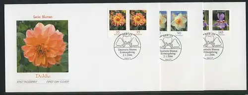2505-2507 Blumen 0,35, 0,90 und 1,45 Euro als Paare auf 3 FDC ESSt Berlin