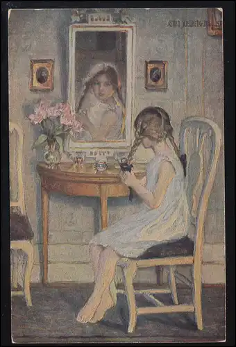 Künstler-AK Astrid Kjellberg-Juel: Der Spiegel - Mädchen Haarzopf, WEIDEN 1919