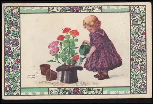 Humor-AK Patek: Umpflanzung - Rosen im Hut werden begossen, gelaufen 1920