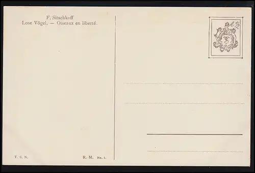 AK Artiste F. Sitschkoff: bon nombre d'oiseaux - l'amitié des filles, inutilisé
