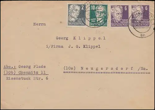 212 Kollwitz + 213 Hauptmann + Bebel als MiF auf Brief CHEMNITZ 3.4.1950