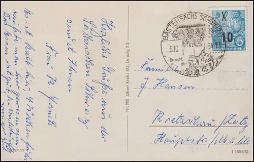 AK Sächsische Schweiz: Kukstall, en carte postale avec 437 EF SSt BASTEI 5.10.1954
