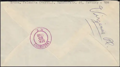 611+613 timbres postaux 35 pf. et 1 DM sur lettre Lp.-R OLSNITZ (VOGTL) 21.9.58