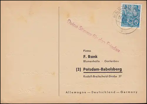 Propaganda-Stempel Deine Stimme für den Frieden, AK BERLIN-JOHANNESTHAL 13.9.54