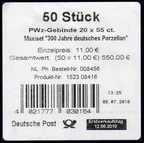2816 Porzellan/selbstklebend, BANDEROLE für 50 Folienblätter 11, Type III