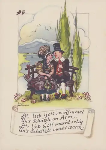 AK Artiste Liesel Lauterborn Amoureux dans le costume - Lac de Constance, avec poème d'amour
