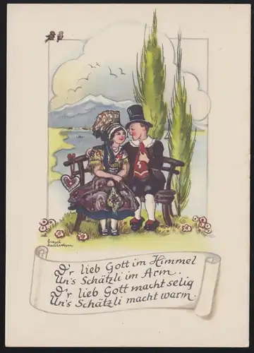AK Artiste Liesel Lauterborn Amoureux dans le costume du lac de Constance, poème d'amour