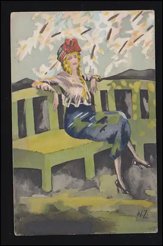 Künstler-AK Emanzipierte Fau mit roter Haarschleife auf grüner Bank, 22.10.1920