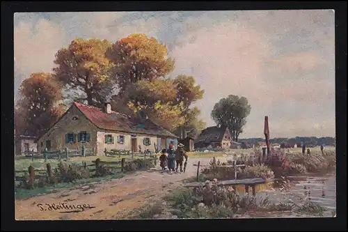 AK Artiste T. Heilinger: Dorfidylle famille avec lac, maison d'édition F.E.D. non utilisé