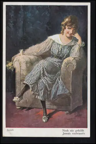 Künstler-AK Jodolfi: Noch nie geküsst - Mädchen im Sessel, ungebraucht