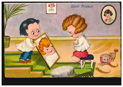 Karikatur-AK Beim Friseur: Neuer Haarschnitt im Spiegel, ENKIRCH (MOSEL) 26.7.28