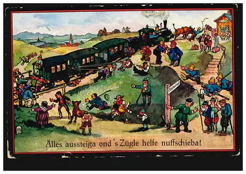 Karikatur-AK Die Zugfahrt - Aussteigen und schieben helfen! BERNAU / BADEN 1933