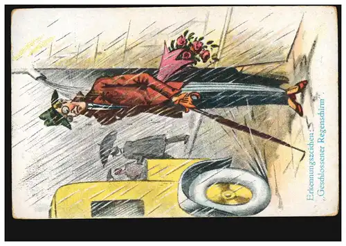 Karikatur-AK Erkennungszeichen: Geschlossener Regenschirm! HALLE (SAALE) 1937