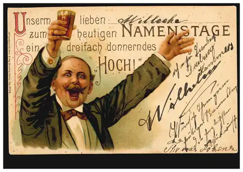 Karikatur-AK Ein Hoch zum Namenstag! CÖLN 5.1.1908 nach PORZ / RHEIN 6.1.09