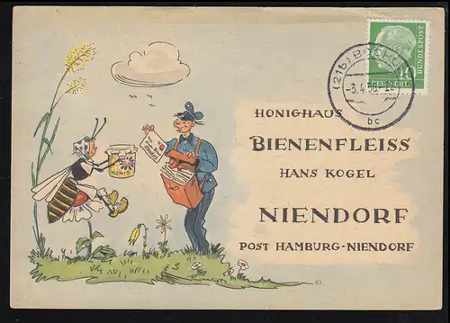 Caricature carte Mielhaus ruche: Abeille reçoit le courrier, BOCHUM 3.4.1956