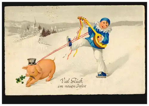 Neujahr-AK Glücksschwein Glücksklee mit Musikaten auf dem Eis SOLLINGEN 31.12.31