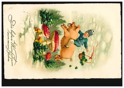 Neujahr-AK Junge auf Schwein mit Hufeisen Fliegenpilze, WÜNSCHENDORF 30.12.1926