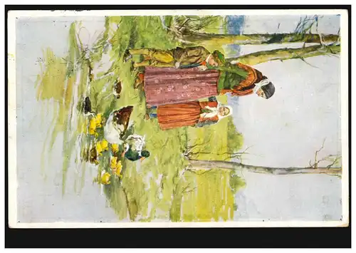 Künstler-AK Naturunterricht Entenfamilie mit Nachwuchs am Ufer, gelaufen um 1935