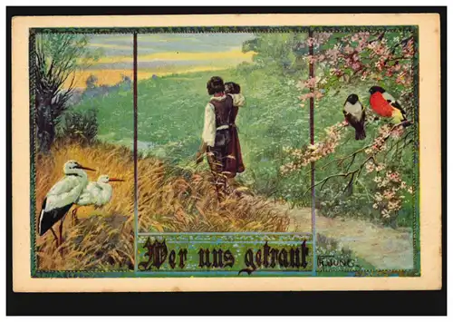 AK artiste couple d'amour - Qui nous a fait confiance cigognes oiseaux, STANKOWITZ 1923