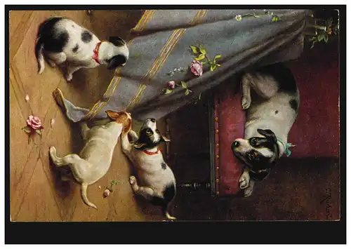 Künstler-AK Hundemutter passt auf: Drei Welpen ziehen an Tischdecke, ungebraucht