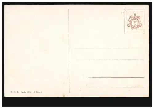 Künstler-AK Hundemutter passt auf: Drei Welpen ziehen an Tischdecke, ungebraucht