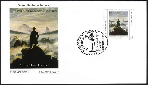 2869 C.D. Friedrich selbstklebend aus Rolle, FDC mit Erstverwendungsstempel Bonn
