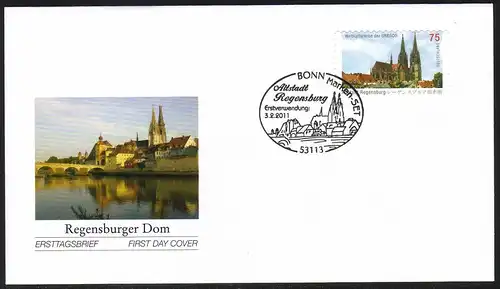 2850 UNESCO Regensburg aus Folienblatt 14, FDC Erstverwendungs-O Bonn 3.2.1011 