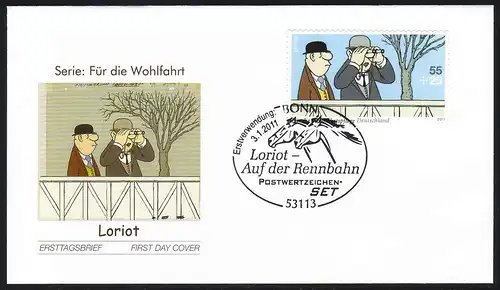 2843 Loriot Rennbahn aus MH 83, FDC Erstverwendungsstempel Bonn 03.01.2011