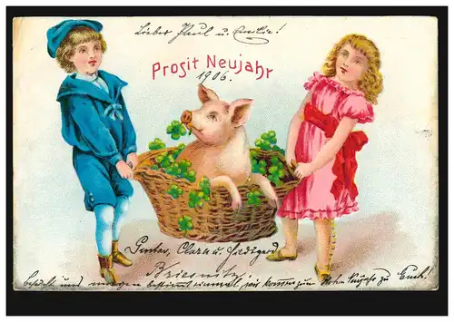 AK du Nouvel An Avec le cochon chanceux et le trèfle de la chance pour la nouvelle année, DRESDEN 31.12.1905